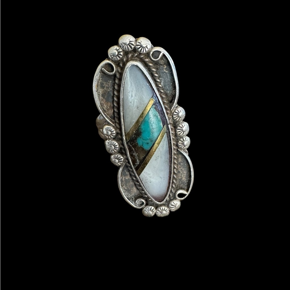 Silver and Turquoise Statement Ring signed RED and marks on band Vintage Navajo
